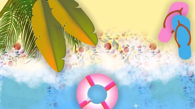 海上冲浪动画。带有贝壳和鹅卵石的黄沙。香蕉和棕榈叶。沙滩鞋。漂浮在蓝色泡沫海浪上的救生圈
