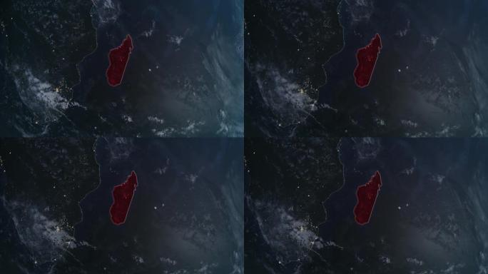 突出显示的马达加斯加黑色地图，通过4K照片真实动画地球从太空放大，全景包括非洲、西欧和美国。史诗旋转