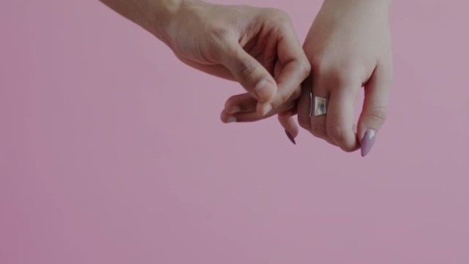 在粉红色背景上，男人和女人拿着粉红色的小花触摸手的特写镜头表达了爱和关注
