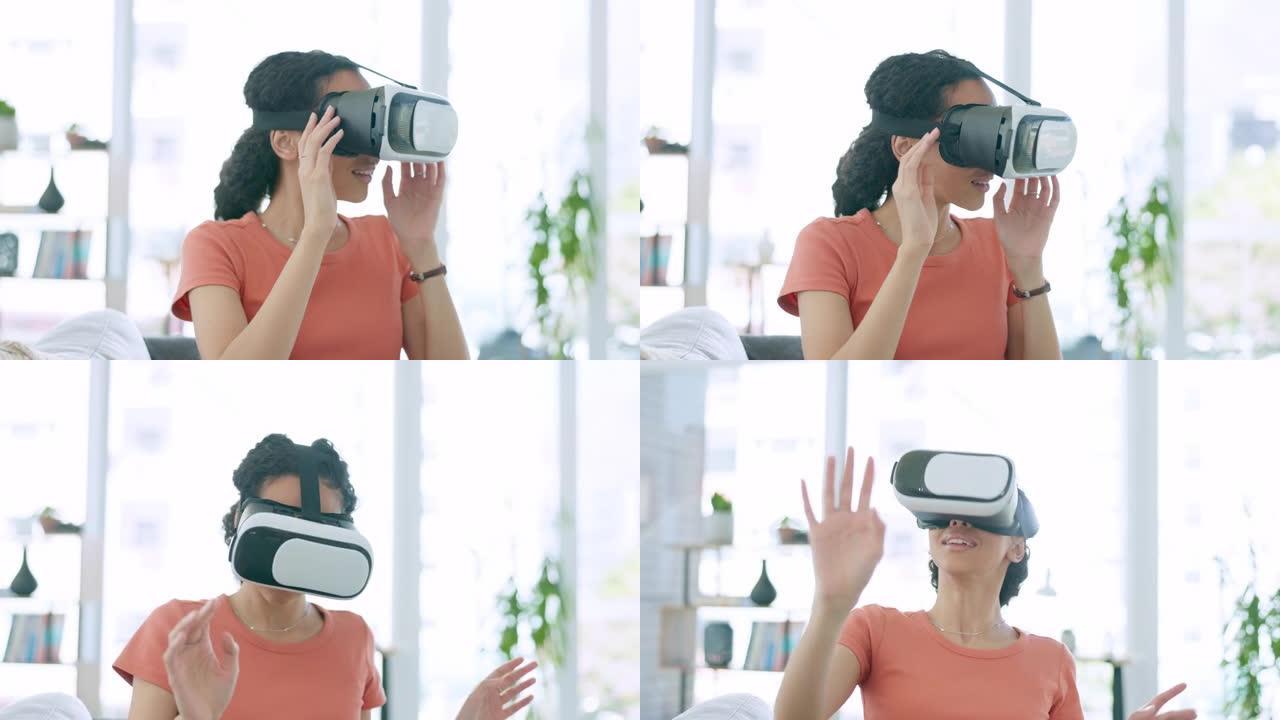 在metaverse的沙发上的幸福女人的VR眼镜，未来派的视频游戏和在家中的赛博朋克3d体验。虚拟现