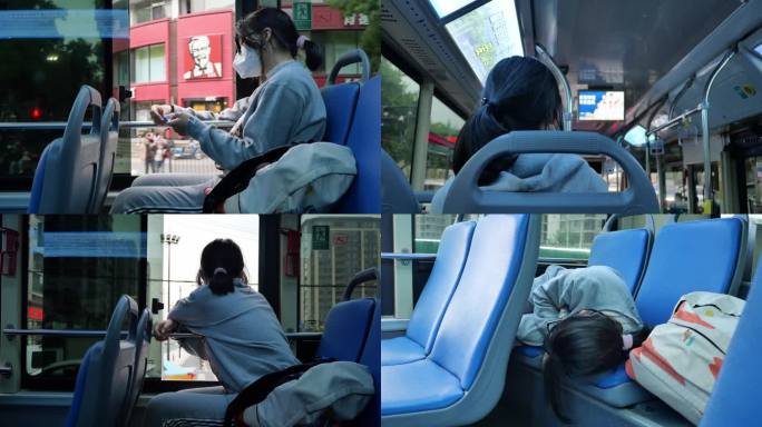 焦虑女学生坐公交车