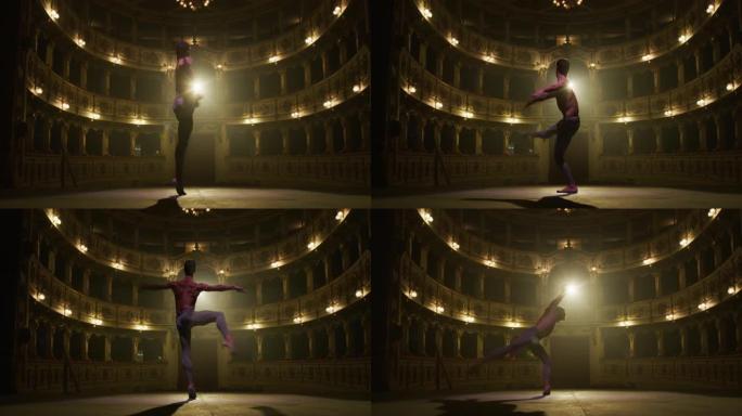 在经典的剧院舞台上，运动男子跳舞和排练的宽电影镜头，并带有戏剧性的灯光。优雅的古典芭蕾舞男舞者专业表