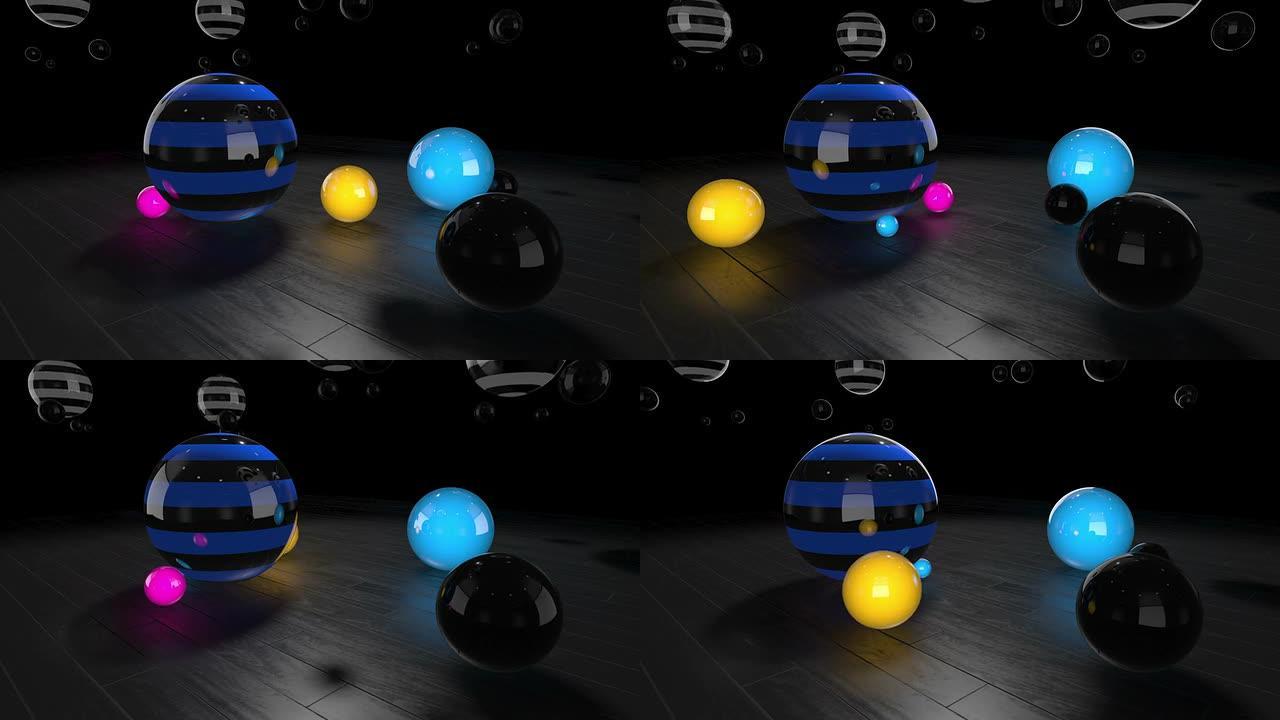 在木地板上缓慢旋转的彩色反光球体