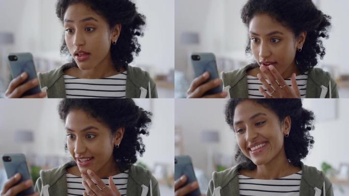 年轻女子使用智能手机进行视频聊天，看起来很惊讶地与朋友聊天，在手机上分享八卦4k