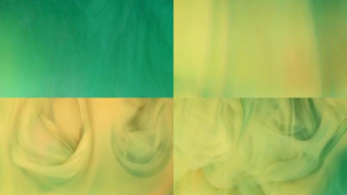 湍流流体运动。在具有绿色和黄色墨水杂质的均质液体中形成的混流