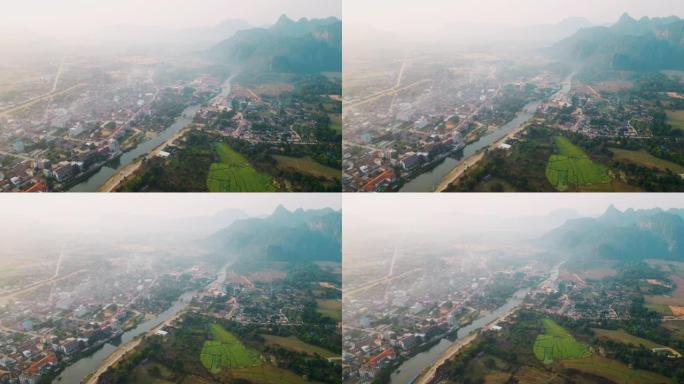 琅勃拉邦镇和湄公河的鸟瞰图