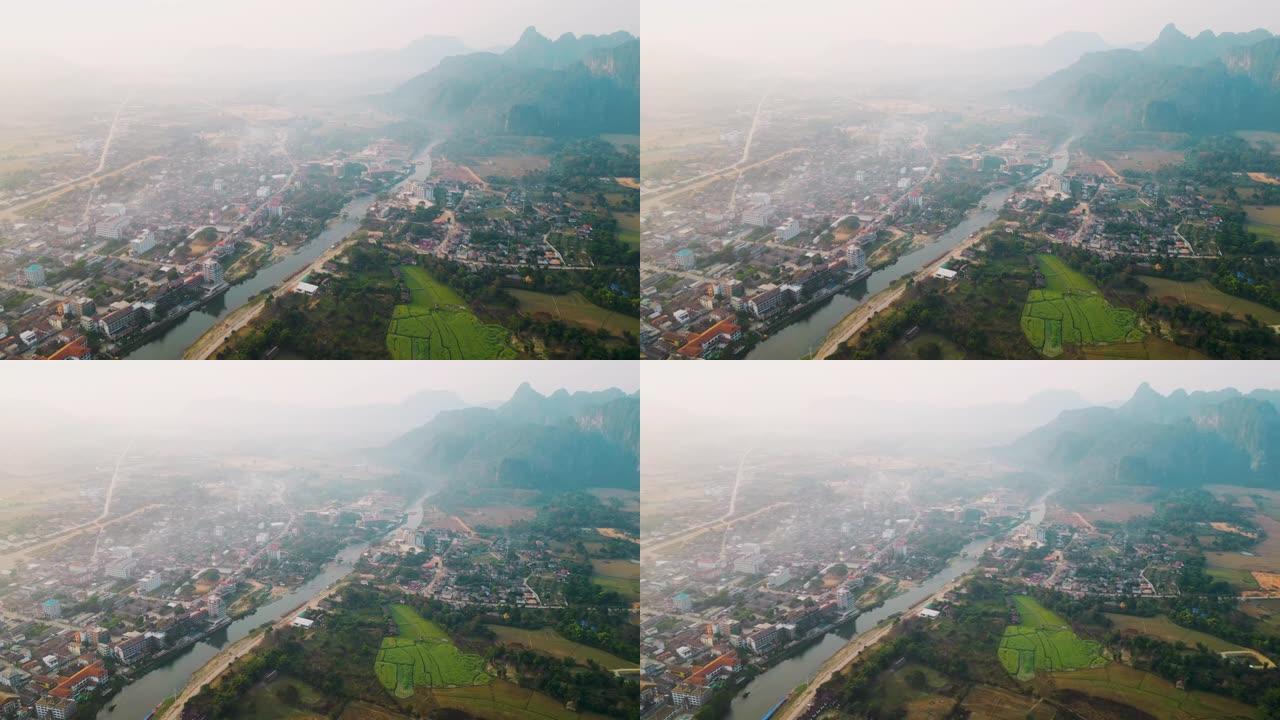 琅勃拉邦镇和湄公河的鸟瞰图
