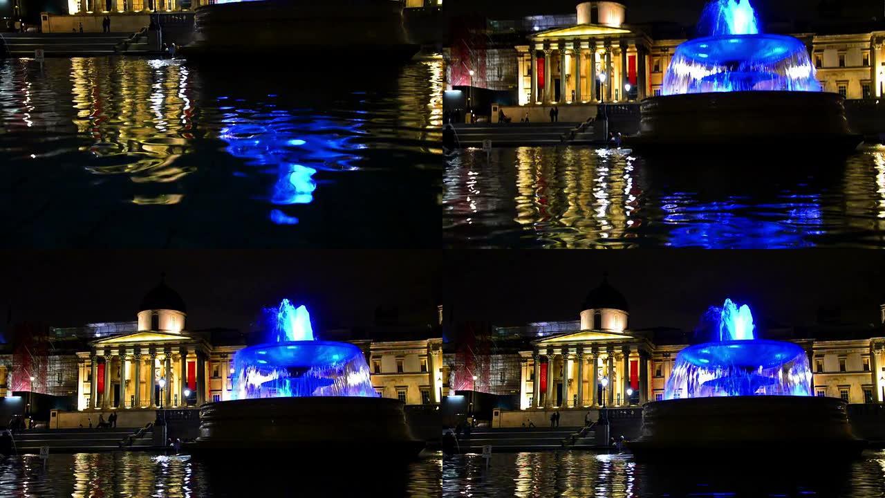 英国伦敦国家美术馆和特拉法加广场夜间喷泉