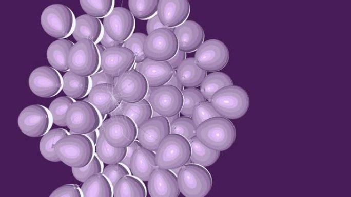 2D形状的氢气球在空中飞行。紫色到白色渐变色气球4k动画的分支。快速提供气球广告的概念。