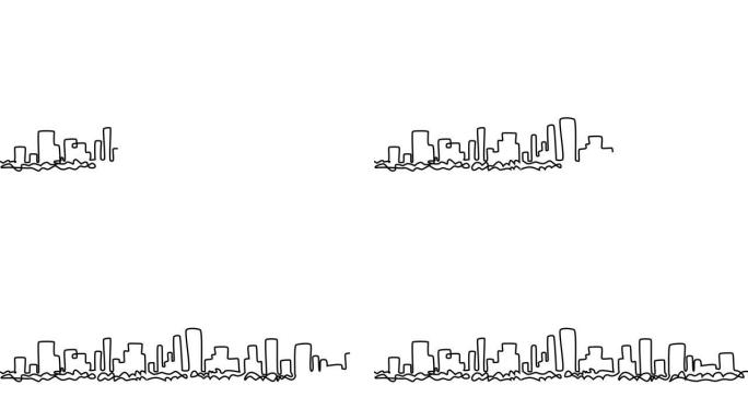 现代城市景观连续单线绘制动画。大都市建筑全景景观。纽约摩天大楼手绘剪影