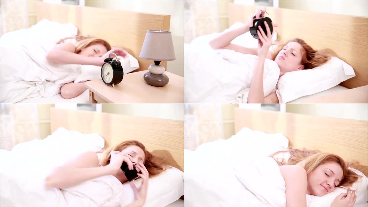年轻的红发女人不想早上起床，把闹钟藏在枕头下。