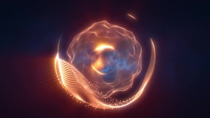 抽象橙色循环能量球，来自黑暗背景上神奇发光的粒子和波，视频4k，60 fps