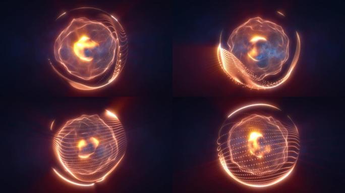 抽象橙色循环能量球，来自黑暗背景上神奇发光的粒子和波，视频4k，60 fps