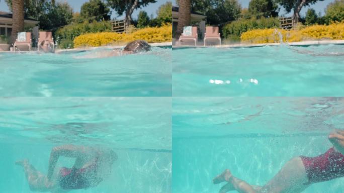 母亲和孩子们在游泳池里游泳快乐的家庭享受夏天在阳光明媚的日子里在凉爽的水中嬉水4k