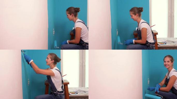把墙壁涂成蓝色。