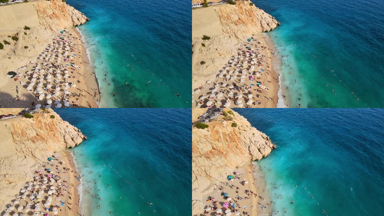 土耳其安塔利亚卡普塔什风景秀丽的卡普塔什海滩的无人机视频