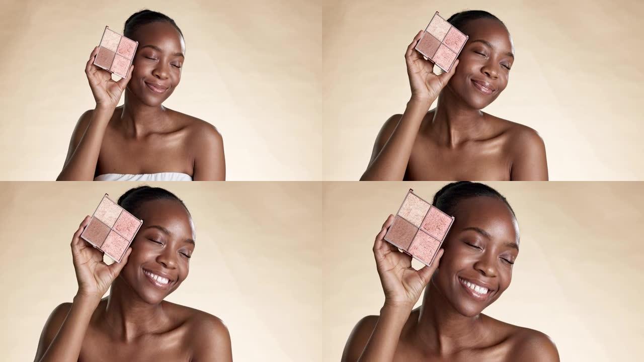 脸部，化妆和调色板与一名黑人妇女在工作室的棕色背景下进行护肤。化妆品、天然化妆品和选择，有吸引力的年