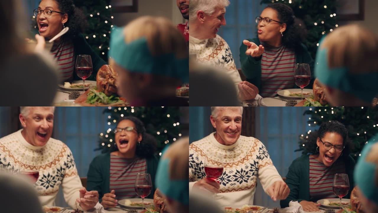 成熟的男人与家人和朋友一起庆祝圣诞晚餐，分享美味的食物，享受晚上的盛宴，一起在家里享受快乐的假期4k