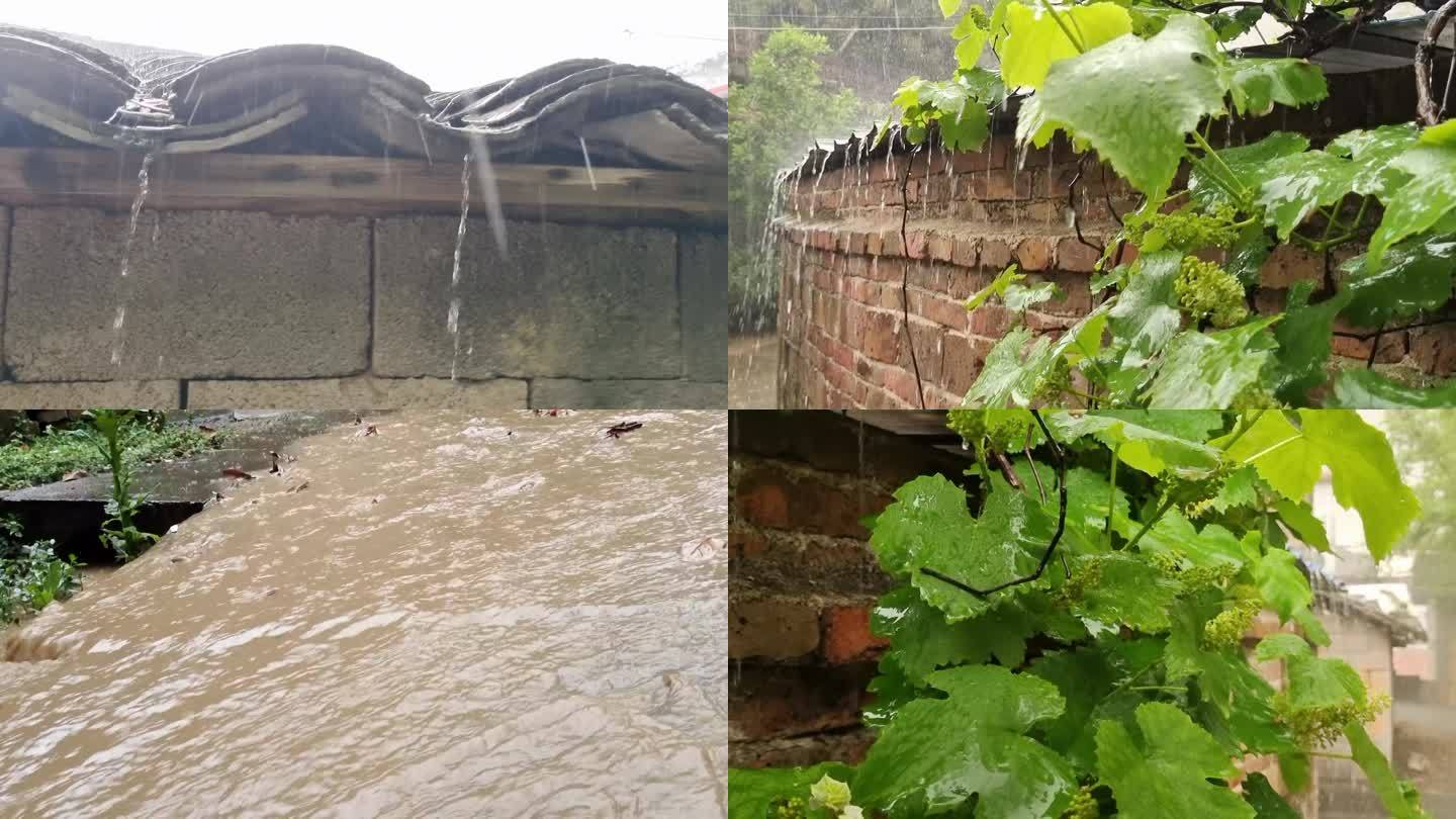 农村下雨农村土砖房危房乡愁老家灾害大雨