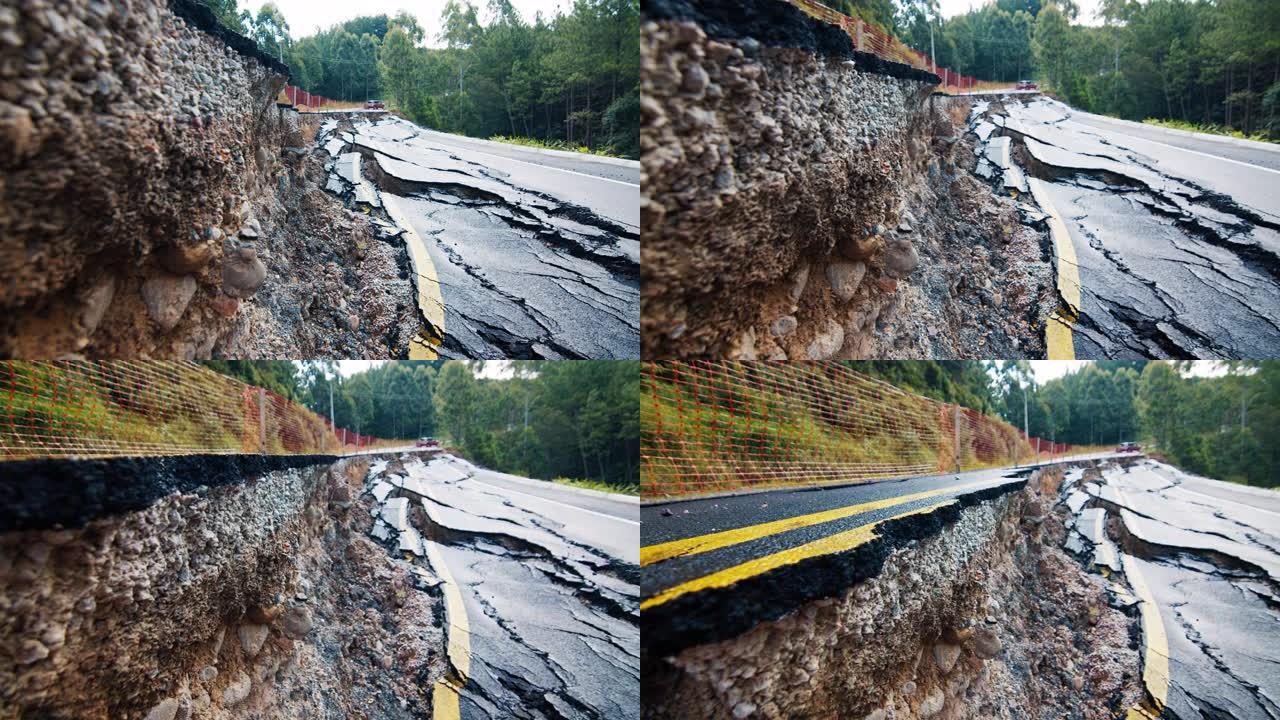 山区柏油路受损。泥石流余波，开裂的铺砌道路