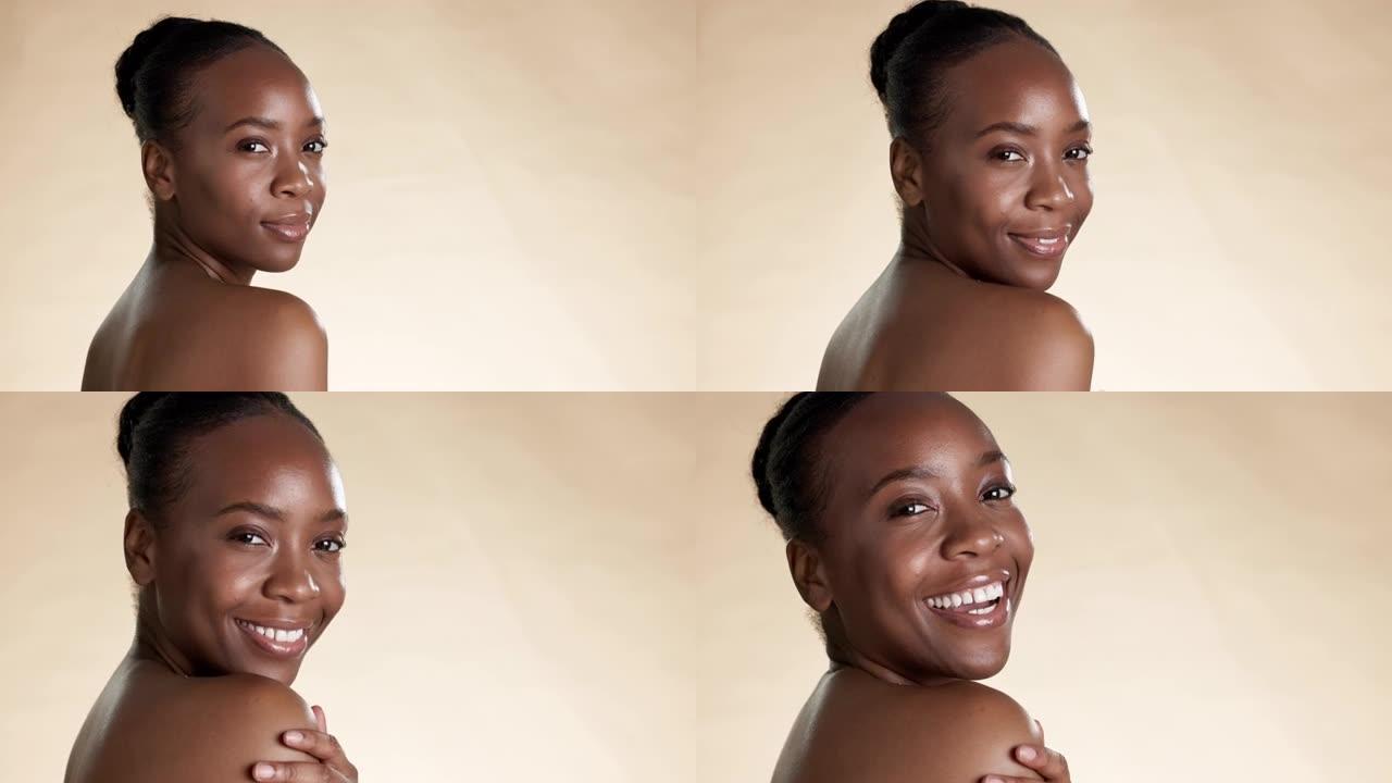 脸部，美丽和肩膀与一名黑人妇女在工作室的模型上，在棕色背景下进行护肤。肖像，化妆品和自然，有吸引力的