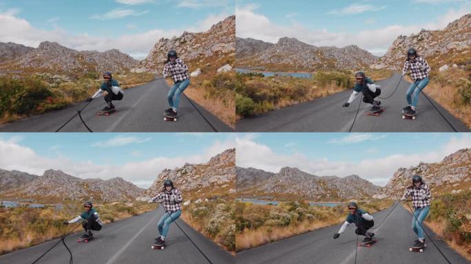 年轻的多民族朋友一起滑车，在乡村道路上滑冰，享受穿着防护头盔的运动，慢动作