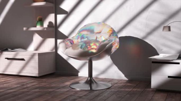 变态。闪亮的透明物质吸收了椅子的软垫。彩虹色。3d动画