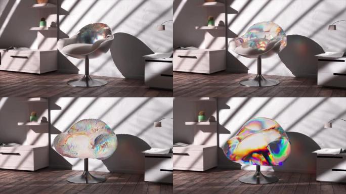 变态。闪亮的透明物质吸收了椅子的软垫。彩虹色。3d动画