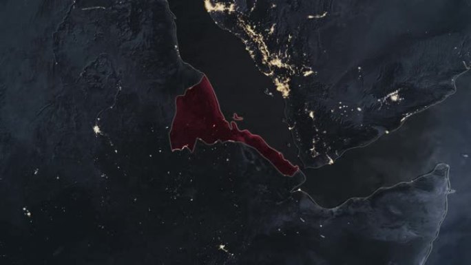 突出显示的厄立特里亚黑暗地图，通过4K照片真实动画地球从太空放大，全景包括非洲、西欧和美国。史诗旋转