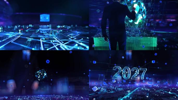 2027-商人在夜间办公室工作和触摸增强虚拟现实。