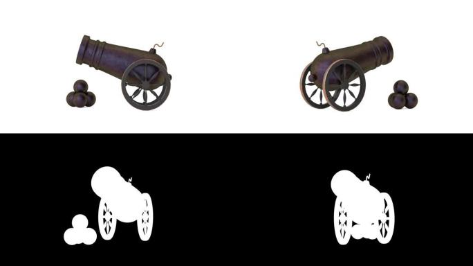 4k分辨率视频: 旧海盗加农炮与加农炮球无缝循环在白色背景上旋转的阿尔法哑光