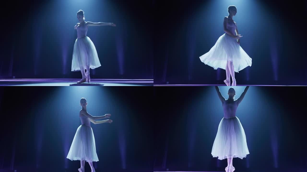 年轻优雅的古典芭蕾舞女舞者在剧院舞台上表演的电影镜头，并带有戏剧性的聚光灯照明。穿着白色芭蕾舞短裙的
