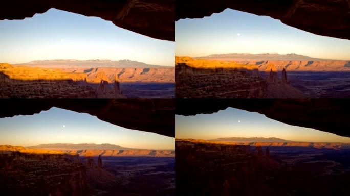 梅萨拱门峡谷地日落满月在山上