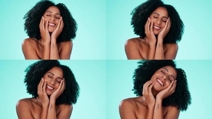 工作室背景下的黑人女性，面部和黑人在美容护肤或化妆品中。快乐的非洲裔美国女性微笑着化妆、水疗或面部护