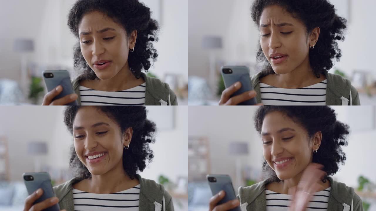 非裔美国妇女使用智能手机进行视频聊天挥手问候朋友在手机上聊天4k