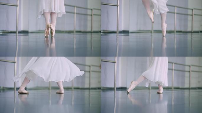 特写，地板上的芭蕾舞鞋。