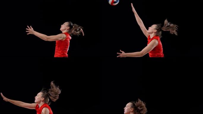 穿着红色球衣的SLO MO SPEED RAMP女子排球运动员在空中击球