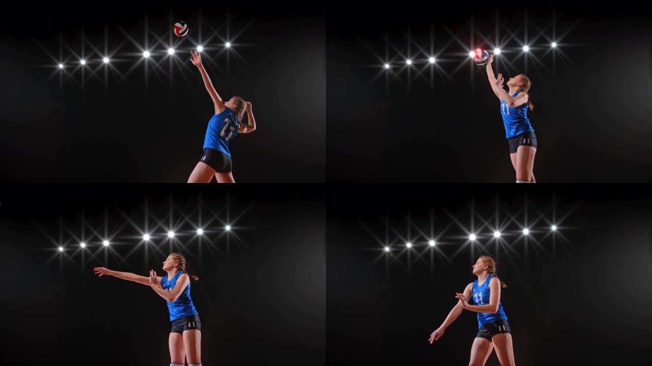 SLO MO SPEED RAMP女子排球运动员在蓝队空中击球