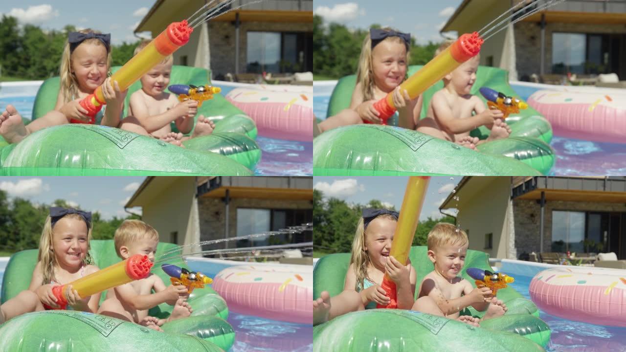 特写: 可爱的女孩和男孩在阳光明媚的夏日在游泳池里玩得开心