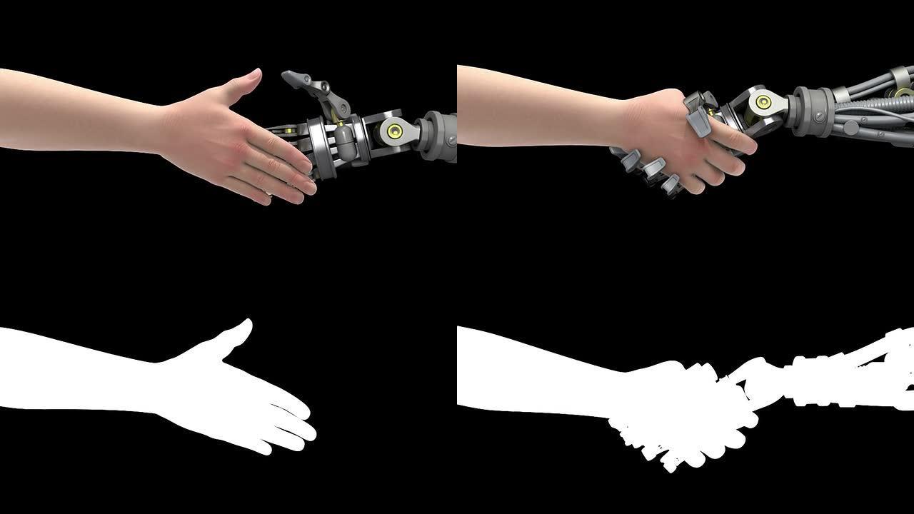 与机器人握手。黑色背景。