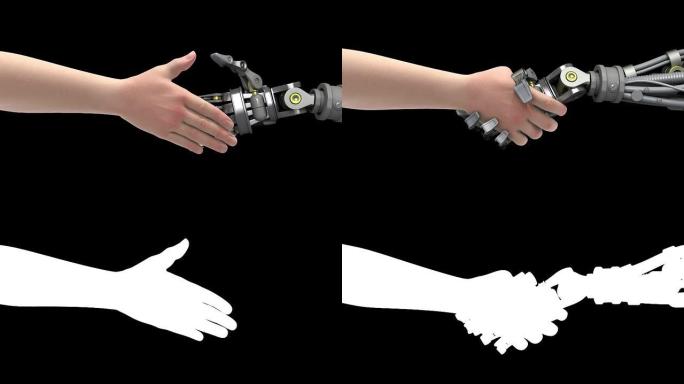 与机器人握手。黑色背景。