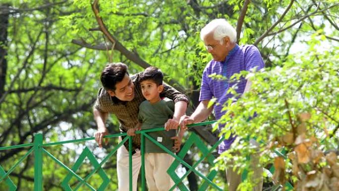 小男孩在公园与父亲和祖父一起欣赏自然