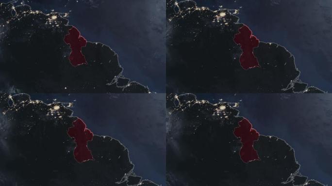 突出显示的圭亚那的黑暗地图，通过4K照片真实动画地球从太空放大，全景包括非洲、西欧和美国。史诗旋转的