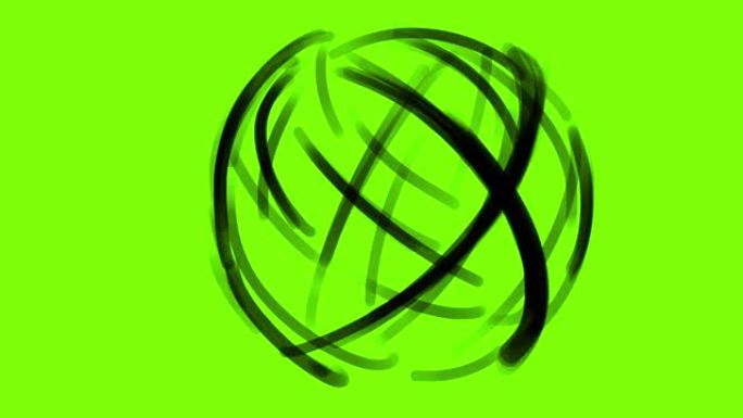 黑线在绿色屏幕上以球体的形状旋转。