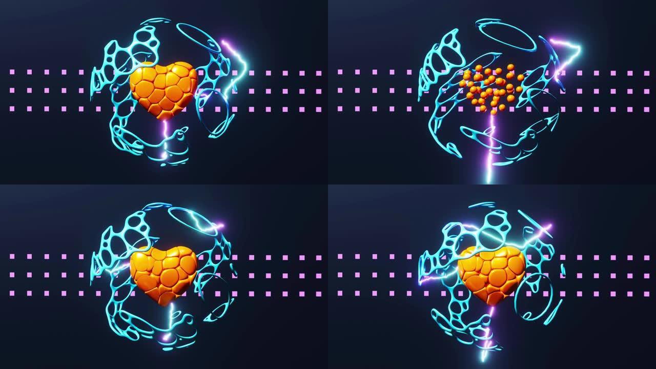 脉动的橙色心脏和浅蓝色网