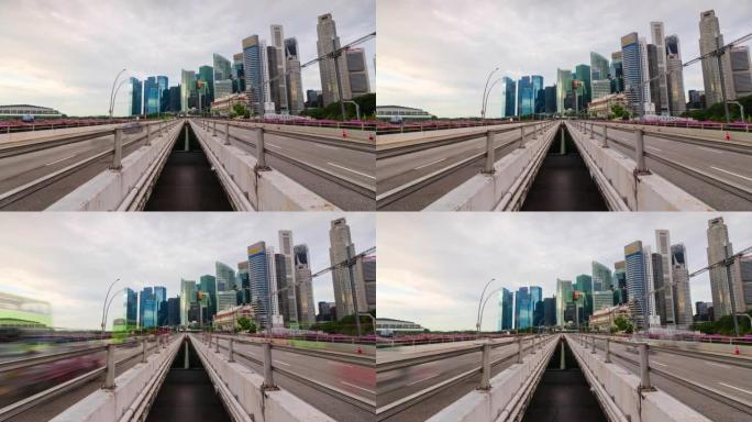 日落时分，新加坡滨海湾大桥上的高速公路道路上的交通时光倒流，背景是城市大都市高层摩天大楼的天际线