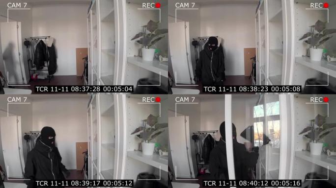一个戴着面具抢劫房子的窃贼的监控摄像头。中央电视台电视录音。