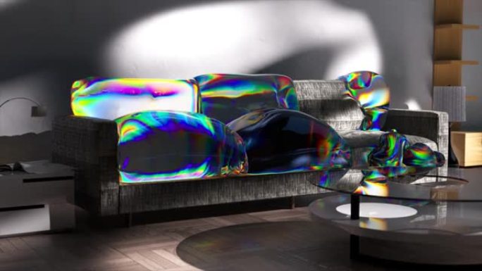 灰色沙发转变成液体透明的彩虹物质。办公家具。白色墙上的阴影。