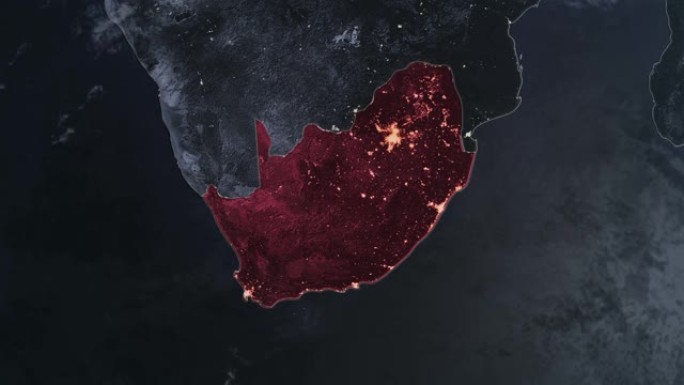 突出显示的南非黑色地图，通过4K照片真实动画地球从太空放大，全景包括非洲、西欧和美国。史诗旋转的世界