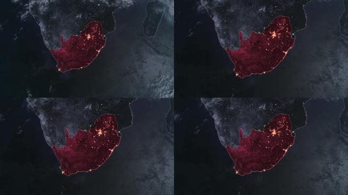 突出显示的南非黑色地图，通过4K照片真实动画地球从太空放大，全景包括非洲、西欧和美国。史诗旋转的世界